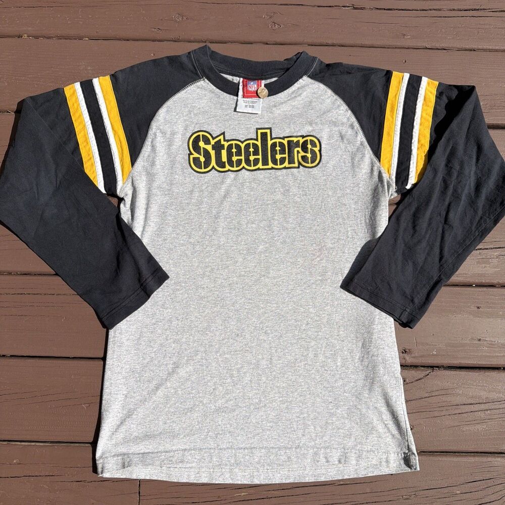 Reebok Pittsburgh Steelers NFL Black Gold Gray Long Sleeve Raglan Shirt Youth XL